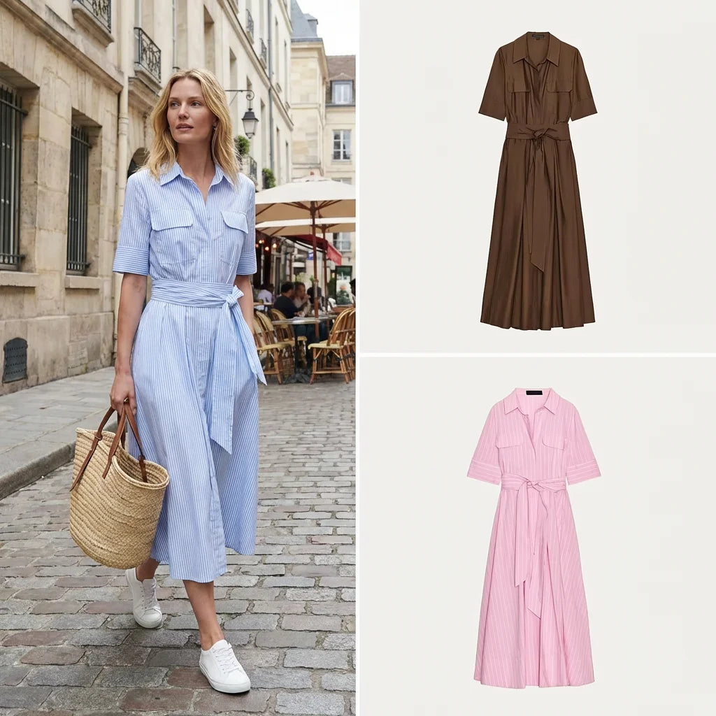Women's Striped Shirt Dress - High Waist A-Line Short Sleeve Loose Fit