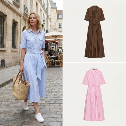 Women's Striped Shirt Dress - High Waist A-Line Short Sleeve Loose Fit