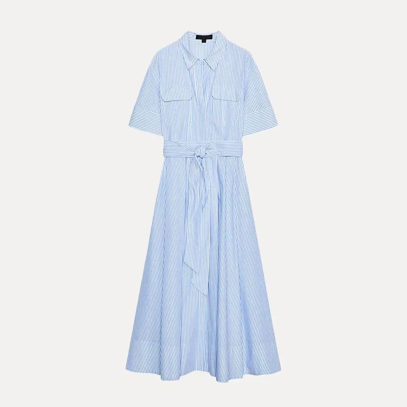 Women's Striped Shirt Dress - High Waist A-Line Short Sleeve Loose Fit