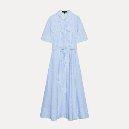 Women's Striped Shirt Dress - High Waist A-Line Short Sleeve Loose Fit