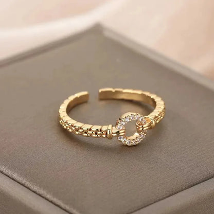 Gold Plated Crystal Zircon Ring - Chain Geometry Stainless Steel Jewelry