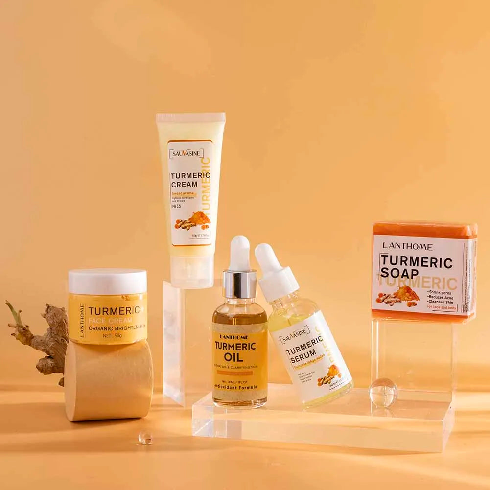 🌿 Turmeric Face Care Set (5pcs) ✨ | Acne Cleansing Cream 🧴 | Dark Spot Fading 🌸 | Turmeric Serum 💧 | Anti-Aging & Moisturizing Skin Care 💖