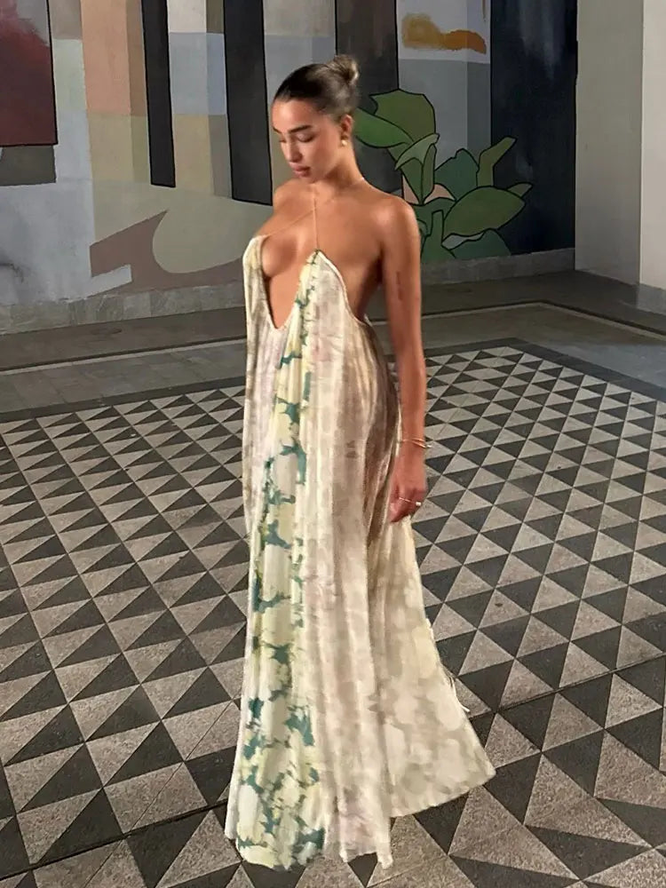 Women's Flower Print Backless Midi Dress