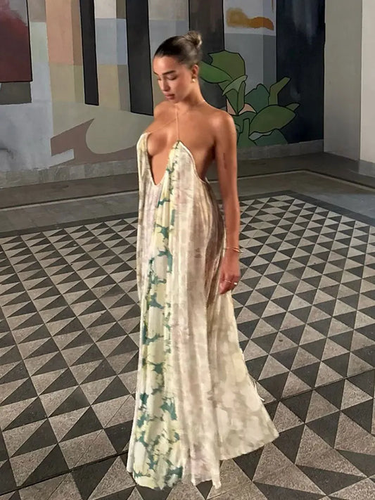Women's Flower Print Backless Midi Dress