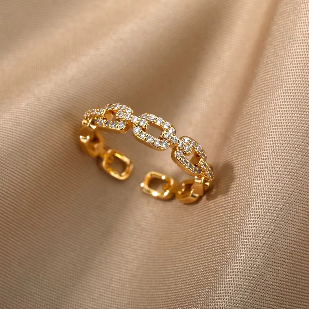 Gold Plated Crystal Zircon Ring - Chain Geometry Stainless Steel Jewelry