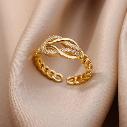 Gold Plated Crystal Zircon Ring - Chain Geometry Stainless Steel Jewelry