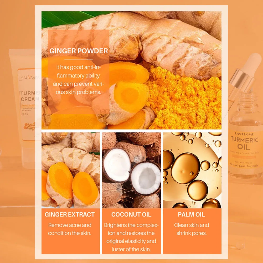 🌿 Turmeric Face Care Set (5pcs) ✨ | Acne Cleansing Cream 🧴 | Dark Spot Fading 🌸 | Turmeric Serum 💧 | Anti-Aging & Moisturizing Skin Care 💖