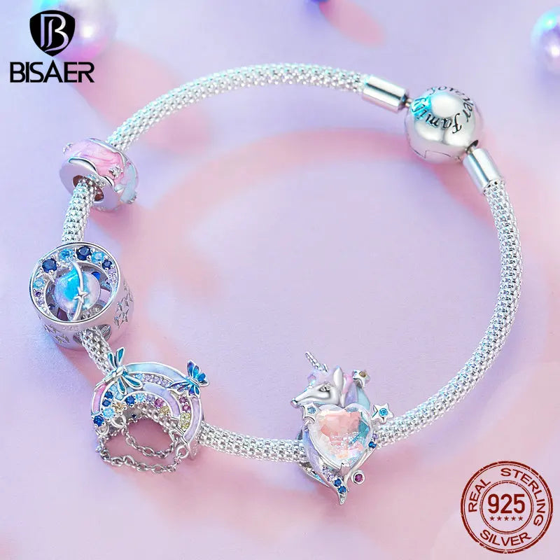 🌈💎 BISAER 925 Sterling Silver Rainbow Heart Charm Bead 💎🌈