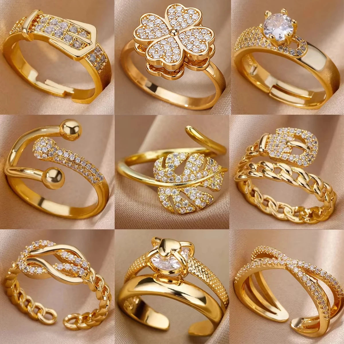 Gold Plated Crystal Zircon Ring - Chain Geometry Stainless Steel Jewelry