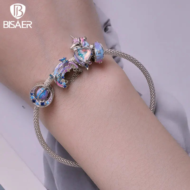 🌈💎 BISAER 925 Sterling Silver Rainbow Heart Charm Bead 💎🌈