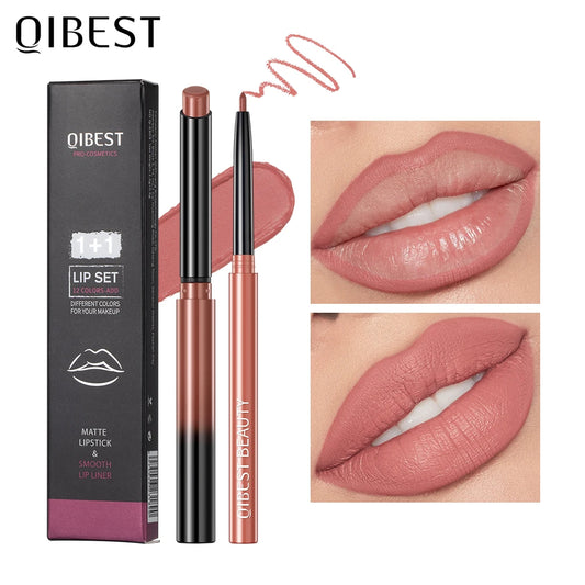 QIBEST Matte Nude Lipstick Pen – ✏️ Lipliner & 💋 Lipstick 2-in-1 | ⏳ Long-lasting | 💧 Waterproof | 🌹 12 Colors | 👄 Perfect Lip Contour