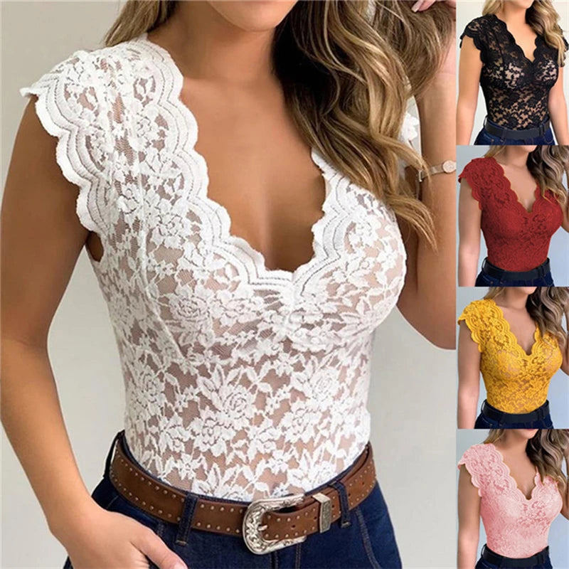 Women's V-Neck Lace Hollow-Out Tank Top - Elegant Sleeveless Clubwear Vest