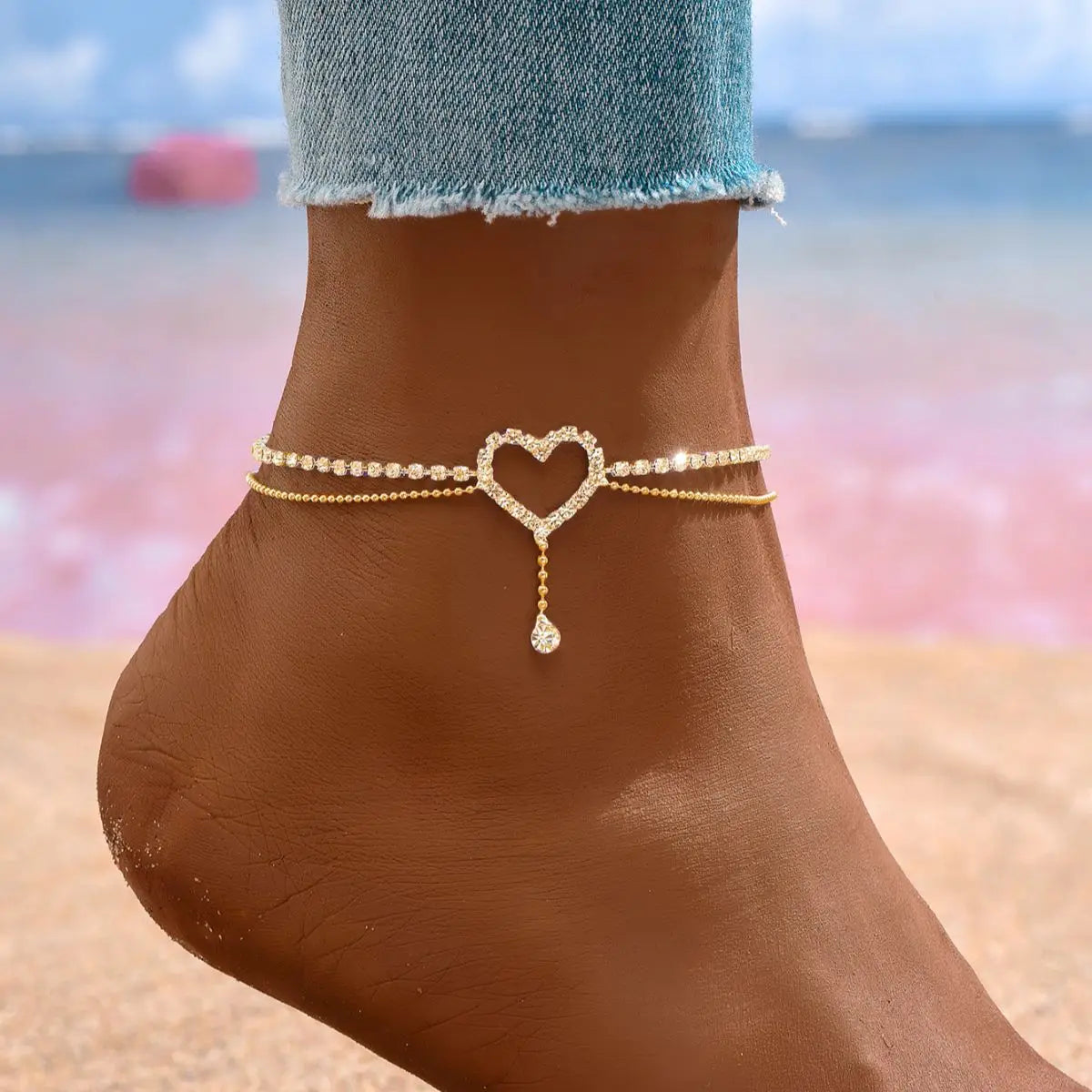 💖✨ Shiny Bling Heart Tassel Anklet – Double Layer Summer Foot Chain ✨🏖️