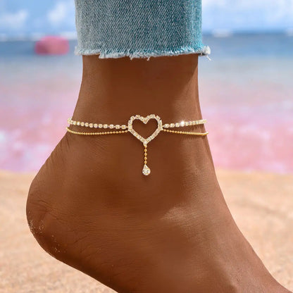 💖✨ Shiny Bling Heart Tassel Anklet – Double Layer Summer Foot Chain ✨🏖️