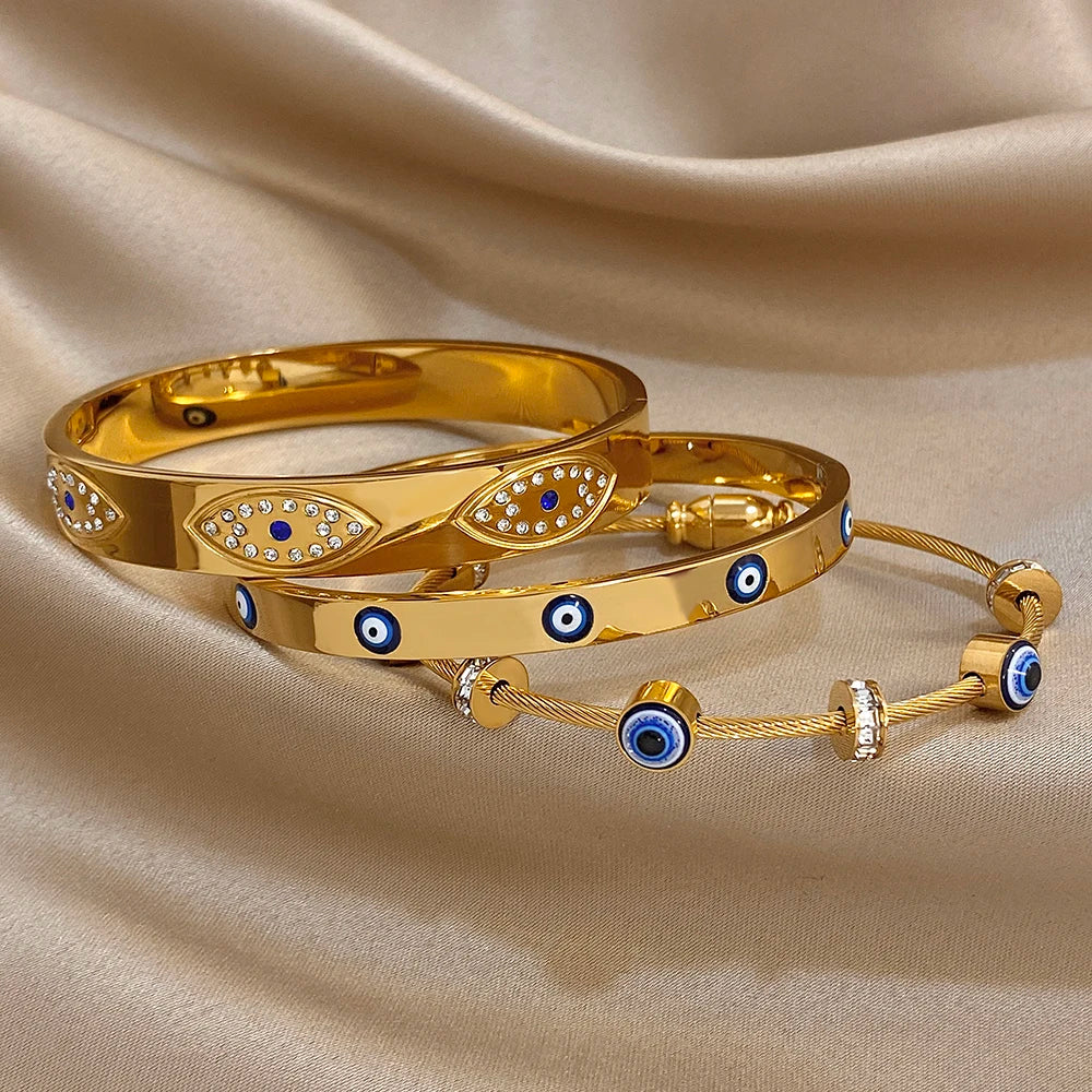 Turkish Evil Eye Rhinestone Stainless Steel Cuff Bracelet for Women, Gold-Plated Waterproof Charm Jewelry
