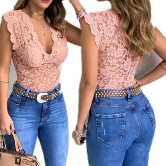 Women's V-Neck Lace Hollow-Out Tank Top - Elegant Sleeveless Clubwear Vest