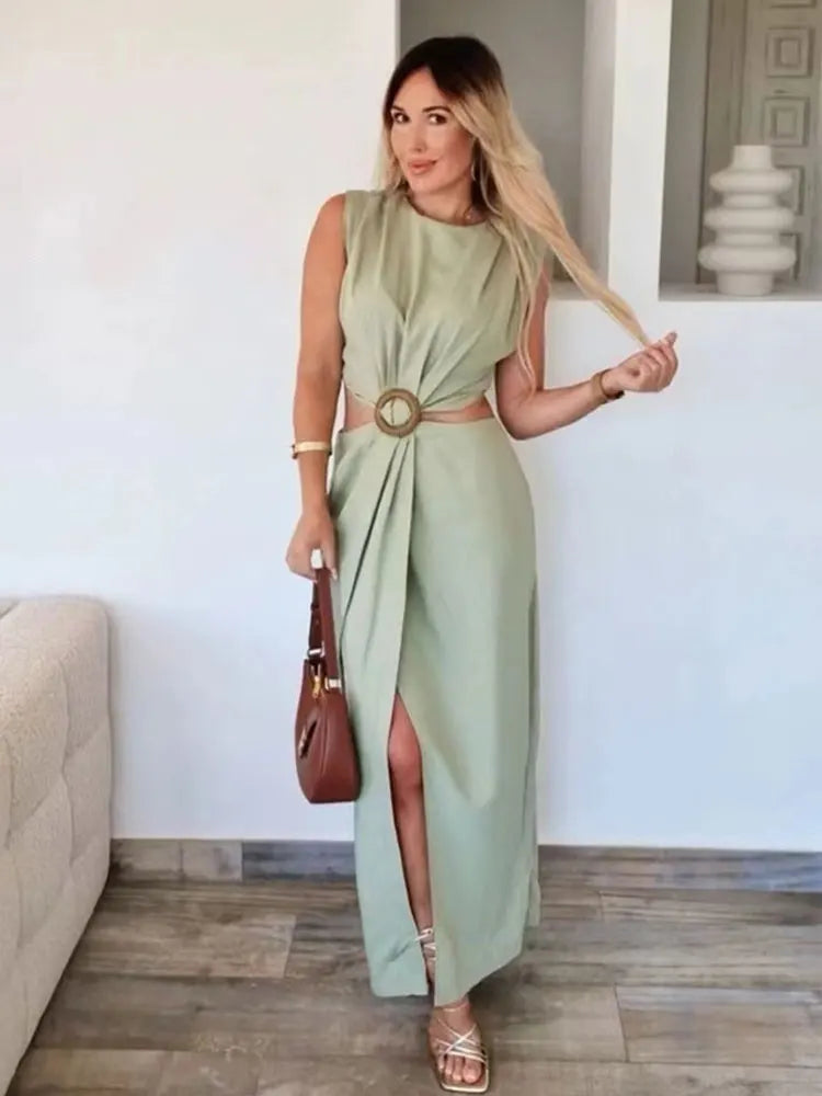 Women's Hollow Out Slit Long Dress - O-Neck Sleeveless Beach Dress