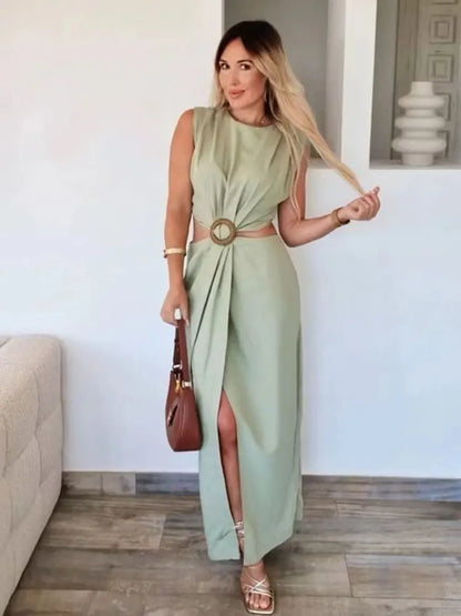 Women's Hollow Out Slit Long Dress - O-Neck Sleeveless Beach Dress