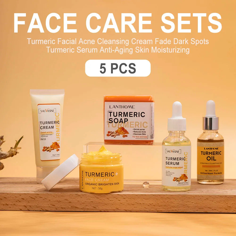 🌿 Turmeric Face Care Set (5pcs) ✨ | Acne Cleansing Cream 🧴 | Dark Spot Fading 🌸 | Turmeric Serum 💧 | Anti-Aging & Moisturizing Skin Care 💖