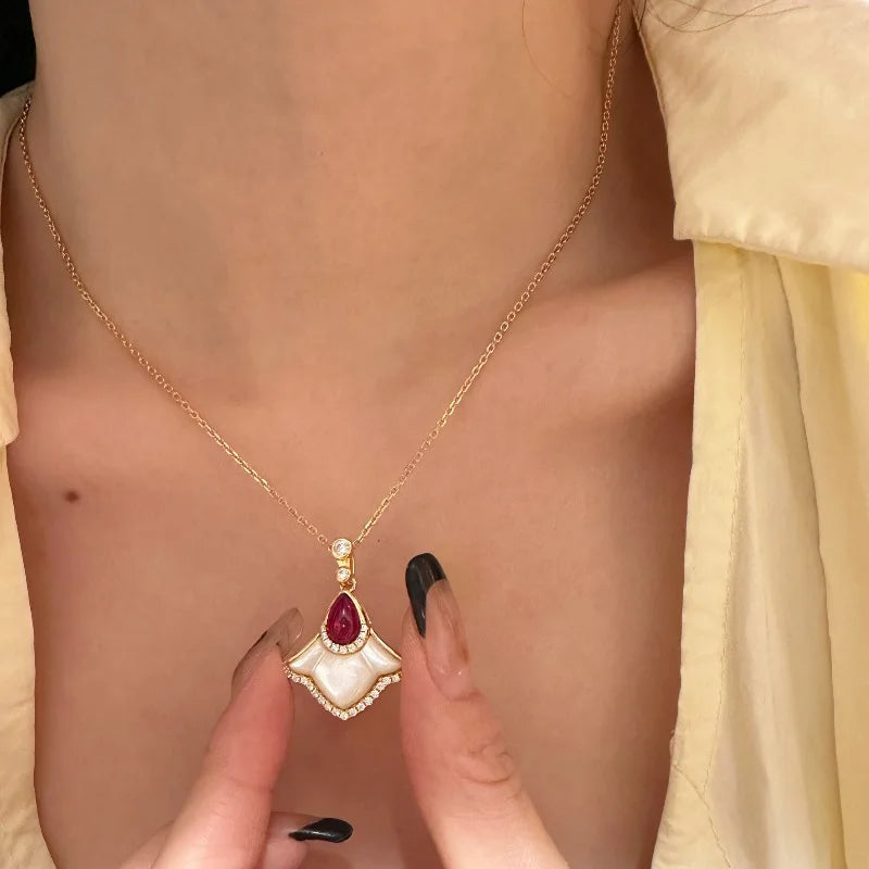 🍁✨ Light Luxury White Fritillaria & Ruby Maple Leaf Jewelry Set ✨🍁