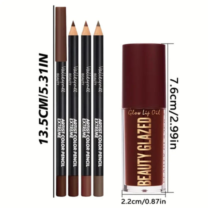4-Piece Lip Kit Set with Waterproof Matte Lip Liner and Lip Glaze
