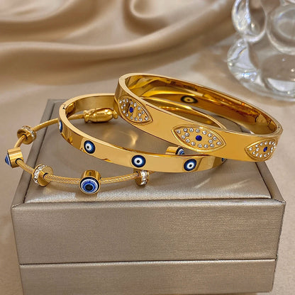 Turkish Evil Eye Rhinestone Stainless Steel Cuff Bracelet for Women, Gold-Plated Waterproof Charm Jewelry