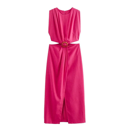 Women's Hollow Out Slit Long Dress - O-Neck Sleeveless Beach Dress