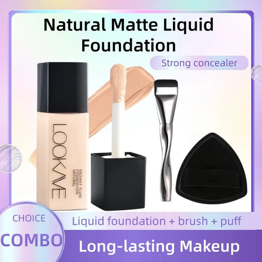 💄 Professional Makeup Kit ✨ | Natural Matte Liquid Foundation 🧴 | Full Coverage 24H 😍 | Includes Flat Top Brush 🖌️ & Sponge 🧽 | Lightweight Long-Lasting Makeup 💖
