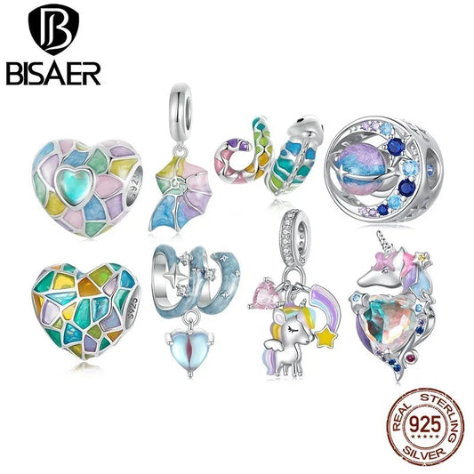 🌈💎 BISAER 925 Sterling Silver Rainbow Heart Charm Bead 💎🌈