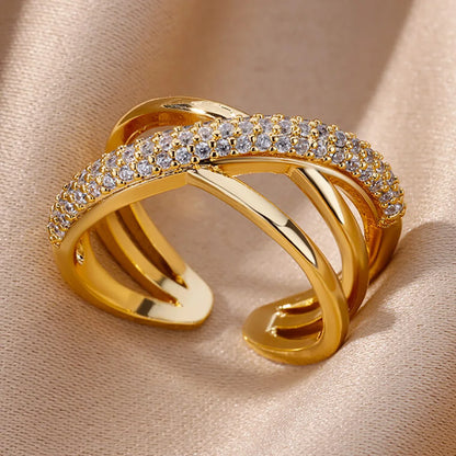 Gold Plated Crystal Zircon Ring - Chain Geometry Stainless Steel Jewelry