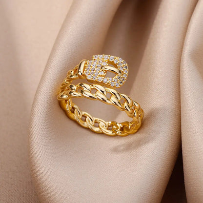 Gold Plated Crystal Zircon Ring - Chain Geometry Stainless Steel Jewelry