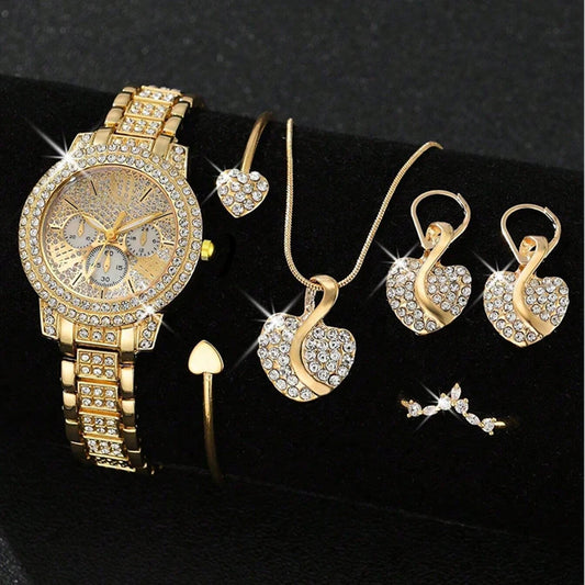 👑✨ Women’s Luxury Quartz Watch & Jewelry Set – Gold with Rhinestones ✨💎