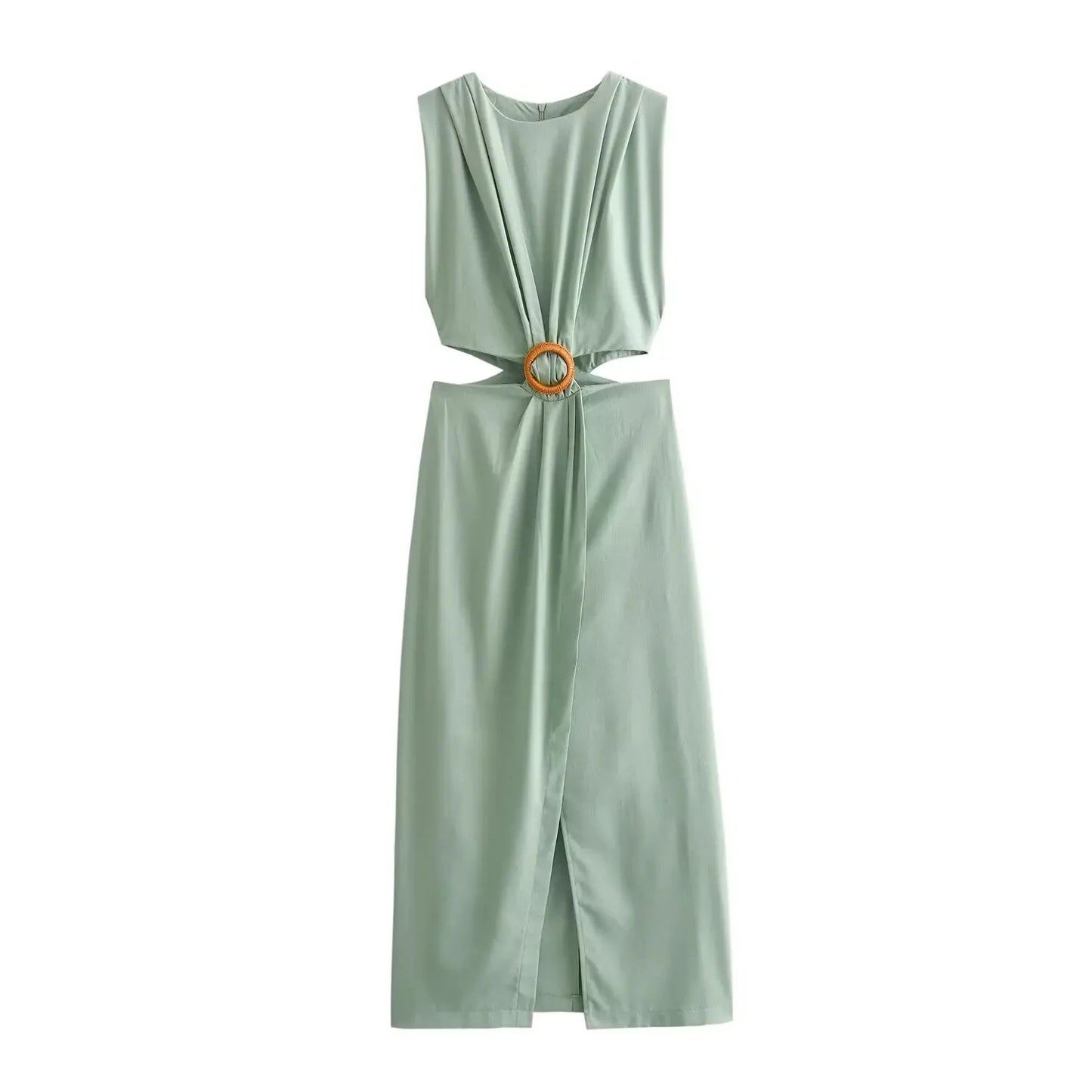 Women's Hollow Out Slit Long Dress - O-Neck Sleeveless Beach Dress