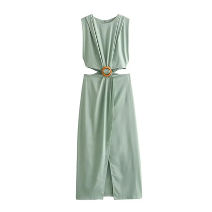Women's Hollow Out Slit Long Dress - O-Neck Sleeveless Beach Dress