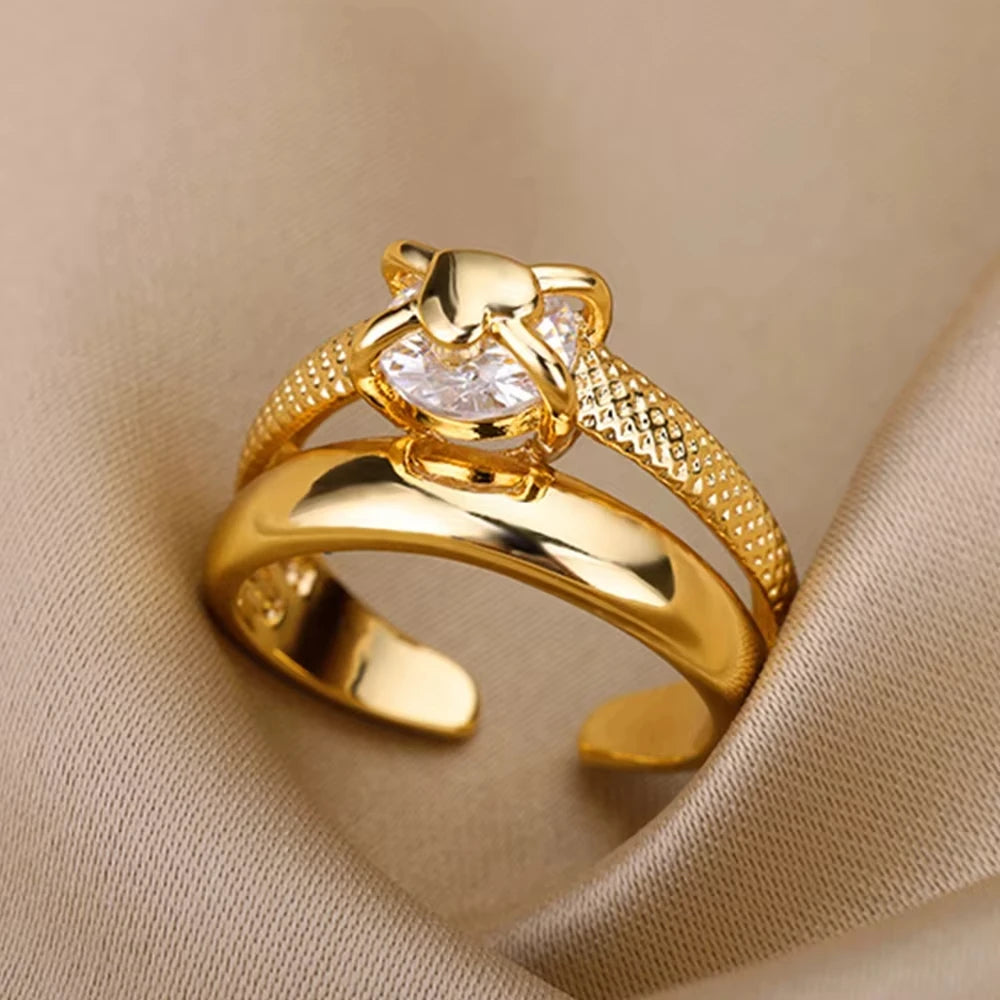 Gold Plated Crystal Zircon Ring - Chain Geometry Stainless Steel Jewelry