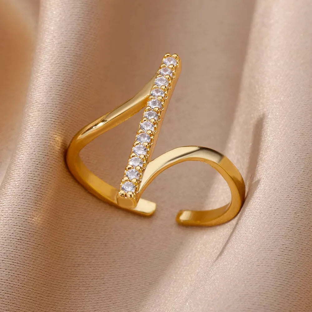 Gold Plated Crystal Zircon Ring - Chain Geometry Stainless Steel Jewelry