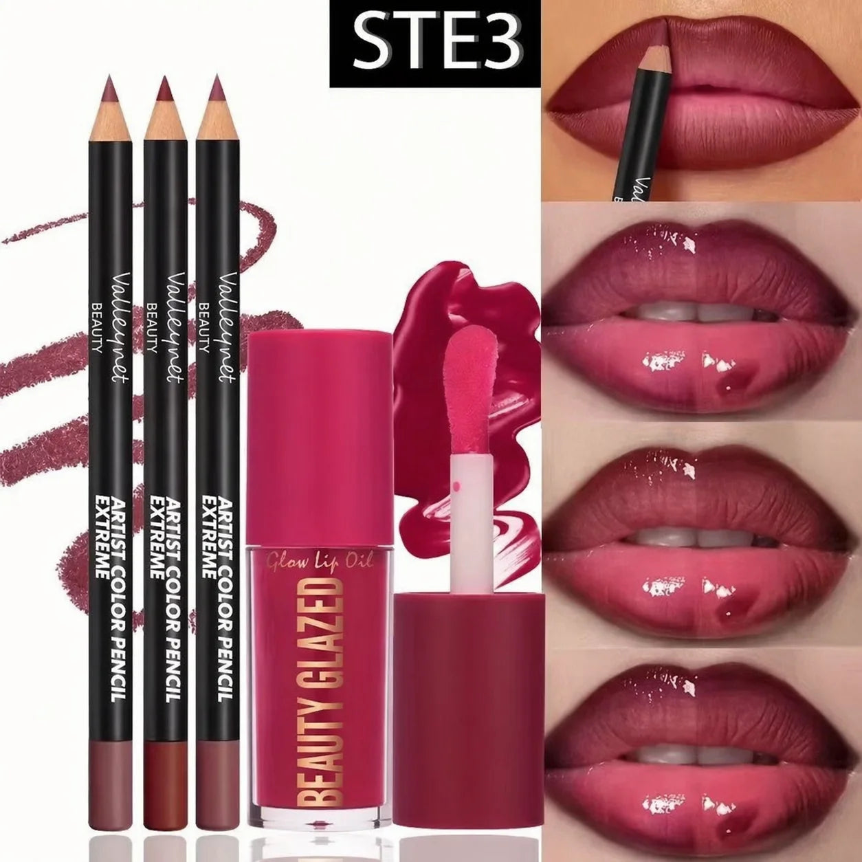 4-Piece Lip Kit Set with Waterproof Matte Lip Liner and Lip Glaze