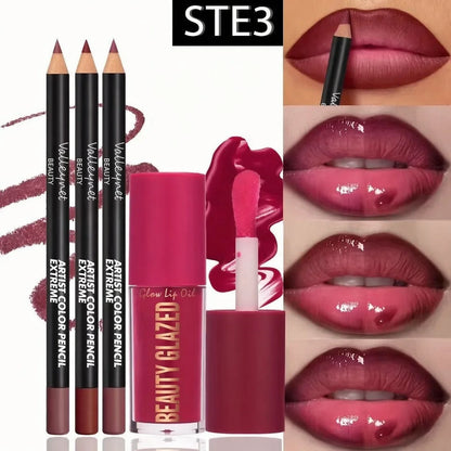 4-Piece Lip Kit Set with Waterproof Matte Lip Liner and Lip Glaze