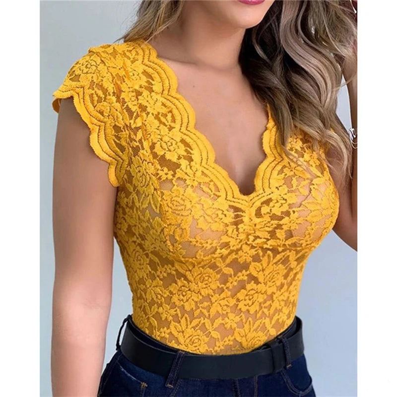 Women's V-Neck Lace Hollow-Out Tank Top - Elegant Sleeveless Clubwear Vest