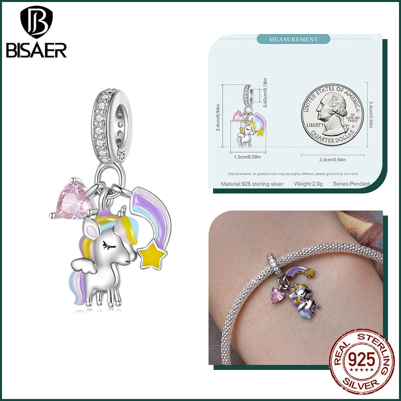 🌈💎 BISAER 925 Sterling Silver Rainbow Heart Charm Bead 💎🌈