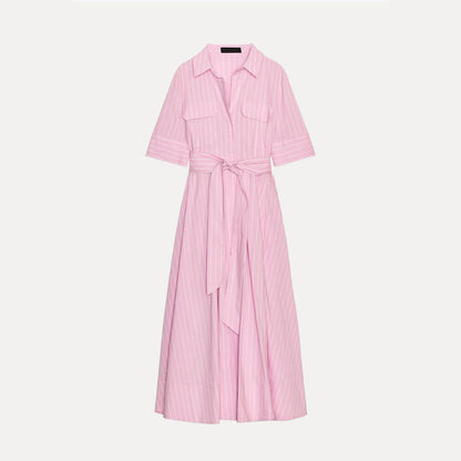 Women's Striped Shirt Dress - High Waist A-Line Short Sleeve Loose Fit