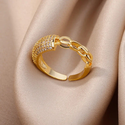Gold Plated Crystal Zircon Ring - Chain Geometry Stainless Steel Jewelry