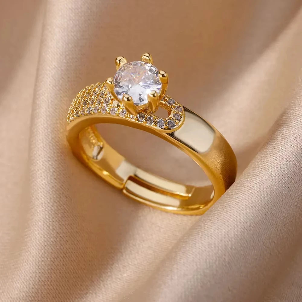 Gold Plated Crystal Zircon Ring - Chain Geometry Stainless Steel Jewelry