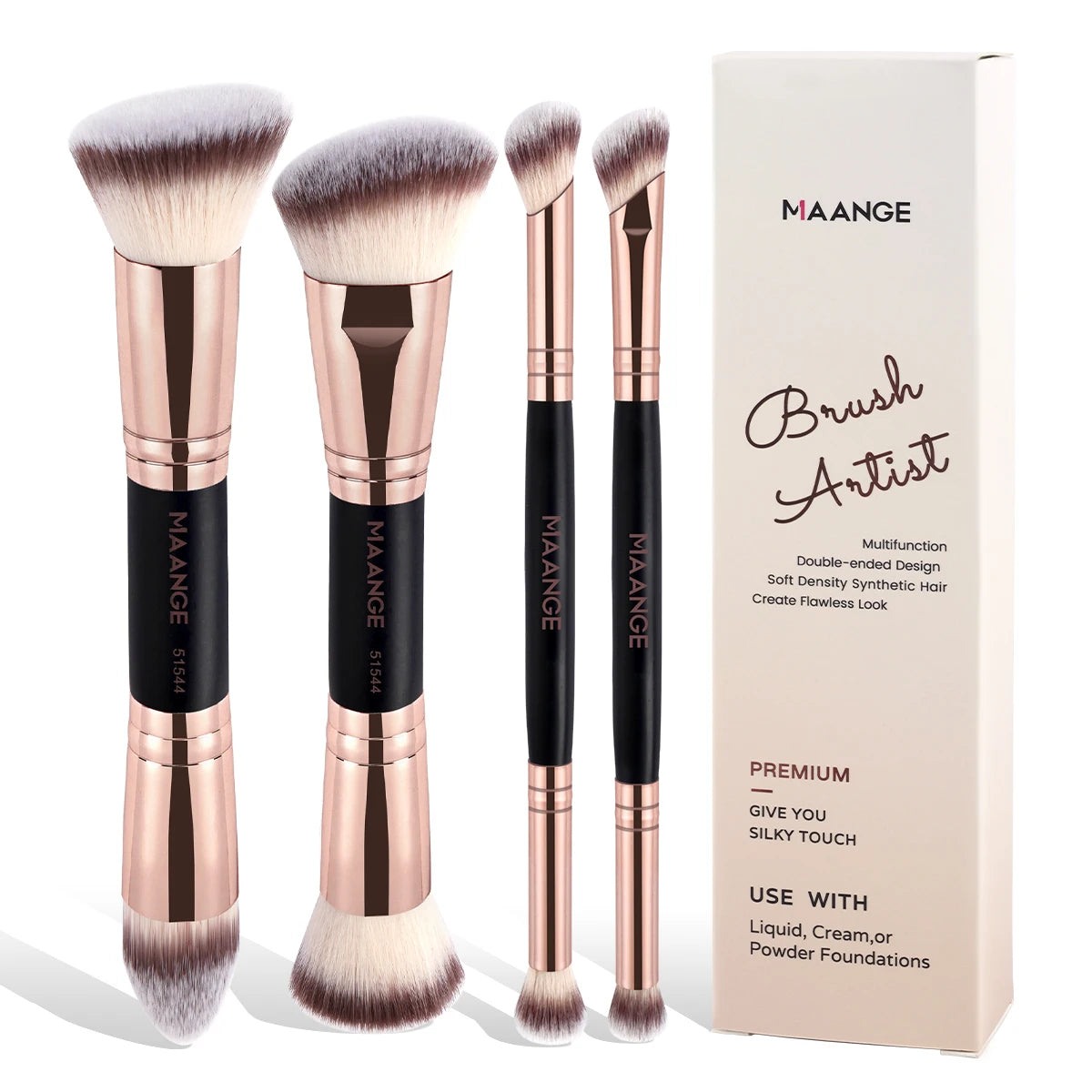 ✨ MAANGE 4pcs Makeup Brush Set 💄 | Dual-Ended Brushes 🖌️ | Foundation, Powder & Blush 🌸 | Eyeshadow Detailing 👁️ | Beginner-Friendly & Travel Box 🧳