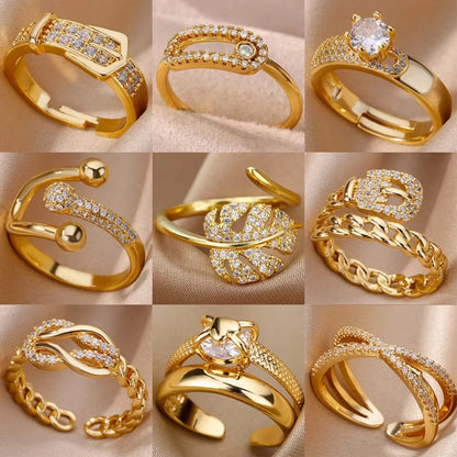 Gold Plated Crystal Zircon Ring - Chain Geometry Stainless Steel Jewelry