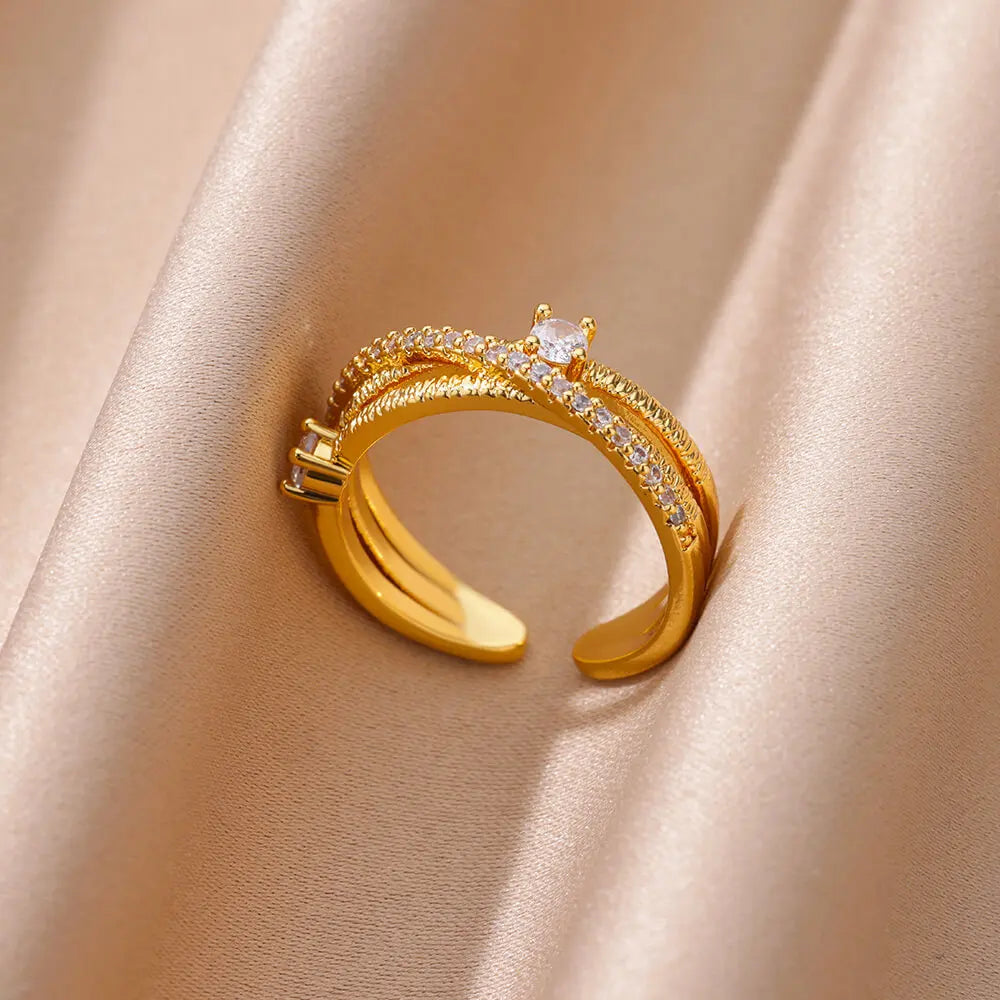 Gold Plated Crystal Zircon Ring - Chain Geometry Stainless Steel Jewelry