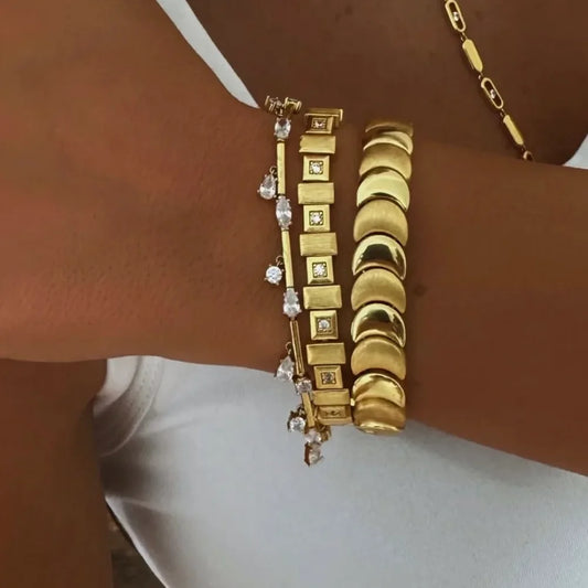 💛✨ 2025 Bling Geometric CZ Drop Charm Bracelet – Gold Bamboo Link Chain ✨💎