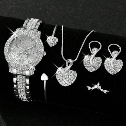 👑✨ Women’s Luxury Quartz Watch & Jewelry Set – Gold with Rhinestones ✨💎