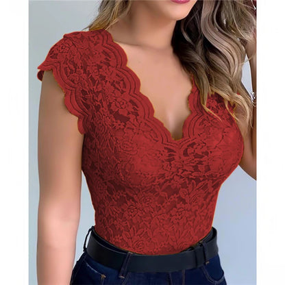 Women's V-Neck Lace Hollow-Out Tank Top - Elegant Sleeveless Clubwear Vest