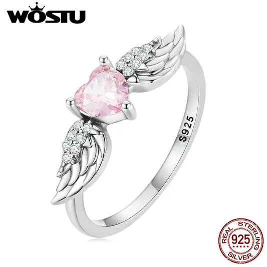 💍 WOSTU 925 Sterling Silver Angel Wing 💗 Pink Crystal Heart Ring for Women 👩✨ Wedding 💒 Engagement 💍 Fine CZ Jewelry Gift 🎁